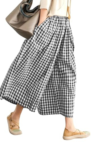 Rapbin Pantacourt d'été 2026 en coton à taille élastique à carreaux pour femme, pantalon décontracté et léger