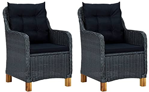 Owoxanthellate Gartenstuhl Set 2er dunkelgrau 62x65x92 cm aus rundem PE-Rattan Akazienholzbeinen gepolstert für Balkon Terrasse Camping