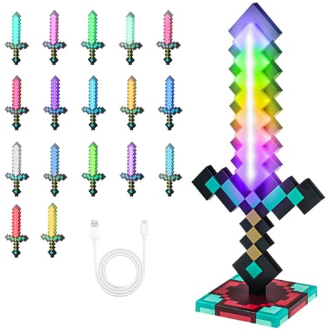 KUWUNG Diamant-Schwert Lampe Carft, 39CM Nachttischlampe Wiederaufladbare mit Sockel, 17 Einstellbare Lichtmodi, Nachtlicht Kinder für Kinder Geschenke, Cosplay, Party-Dekoration