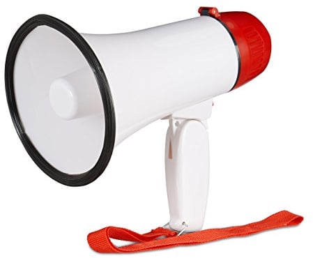 Relaxdays Megafon Stadion, Bullhorn mit klappbarem Griff und Schlaufe, lustiger Ole Sound, Megaphon, 10 Watt, rot/weiß