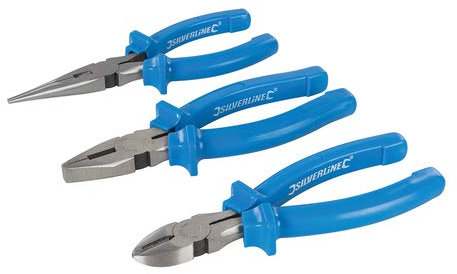 Pliers Set 3pce 160mm Hardened and Tempered Jaws with Induction-Hardened Cutting Edges. Moulded Handles with Slip Guards. Includes Long Nose, Combination and Side-Cutting Pliers.