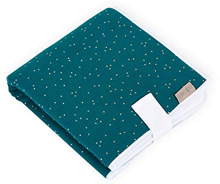 KraftKids Reisewickelunterlage in Musselin goldene Punkte auf Petrol, Reisewickelauflage 60 cm x 60 cm, Wickelunterlage für unterwegs mit Liebe handgefertigt in der EU