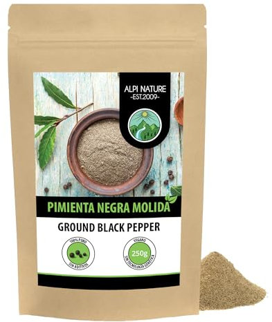 Alpi Nature Pimienta Negra Molida 250g, Granos de Pimienta Negra Molidos en Polvo para Cocinar