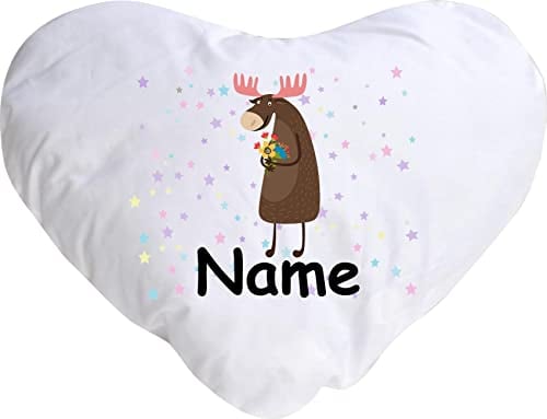 Shirtinstyle Kuschelkissen Tiermotiv Elch Hirsch REH mit Wunschnamen, Kinderzimmer Kuscheln, Kopfkissen Dekokissen mit Füllung, Form Herz Größe 40X44cm, Farbe weiß