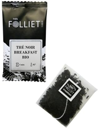 CAFÉS FOLLIET - Thé Noir Bio - Breakfast - Goût corsé - Tonifiant & Anti-stress - Sachets d'origine végétale - 24 Sachets