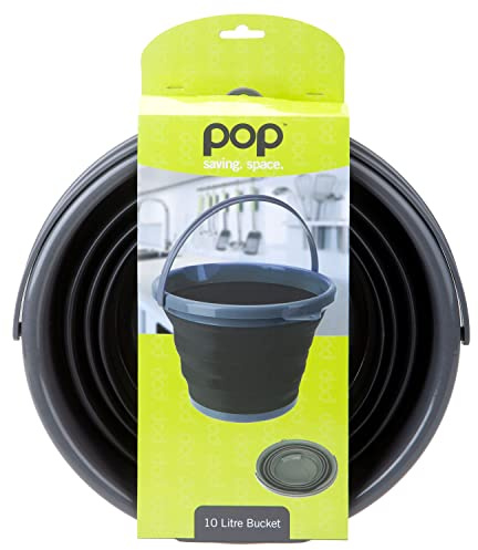 VFM - Pop Collapsible Black Bucket 10L With Handle - Summit, Outdoor Leisure, Durable, Camping, Holiday, Outdoor Living, Fishing, Travelling, Foldable, Space Saving