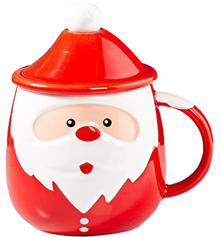 ZHDOKA Divertida taza de café de Navidad, taza de Papá Noel con tapa y cuchara, taza de té de vacaciones de 15.5 onzas, taza de leche de cerámica con asa para bebidas, jugo, agua
