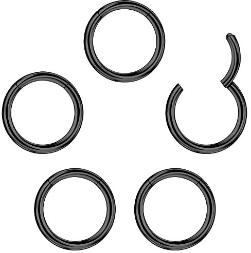 PunkTracker 5Pcs 316L Surgical Steel Hinged Nose Rings Hoop Septum Ring Body Piercing Lip Rings Helix Cartilage Rook Tragus Earrings 20G 18G 16G 6/7/8/9/10mm - Silver/Gold/Rose Gold/Black