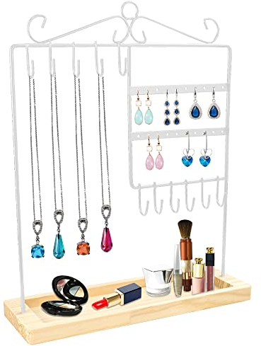 SCHYIDA Présentoir à Bijoux, arbre à bijoux en Métal à 4 Niveaux, Porte Bijoux Boucle D oreille avec Plateau en Bois, Rangement Bijoux Organisateur pour Collier, Bracelet, Bague - Blanc