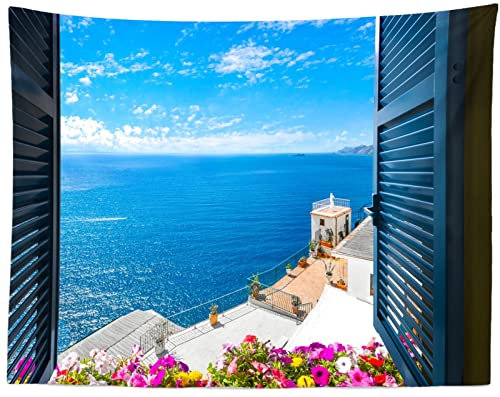 CORFOTO Wandteppich mit Fensterblick auf mediterrane Landschaft, Wandbehang, Stoff, 277 x 178 cm, blaue Meeresstadt, Blumen, Fenster, Küste, Wandteppich für Männer, Kinder, Schlafzimmer, ästhetisches