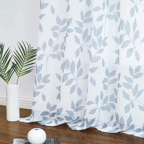 Treatmentex Transparente Vorhänge in Weiß und Hellblau, mit Blattmuster, für Schlafzimmer, modernes Wohnzimmer, mit 8 Ösen, 136 x 175 cm, 2 Stück