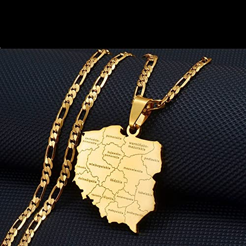 Polska-Kartenschmuck Für Herren Für Damen – Polska-Karten-Halskette,Städtenamen-Anhänger-Halsketten,Karten Von Polen,Figaro-Ketten,Schmuck Für Herren Und Damen,Statement-Schmuck,Goldfarben,60 Cm