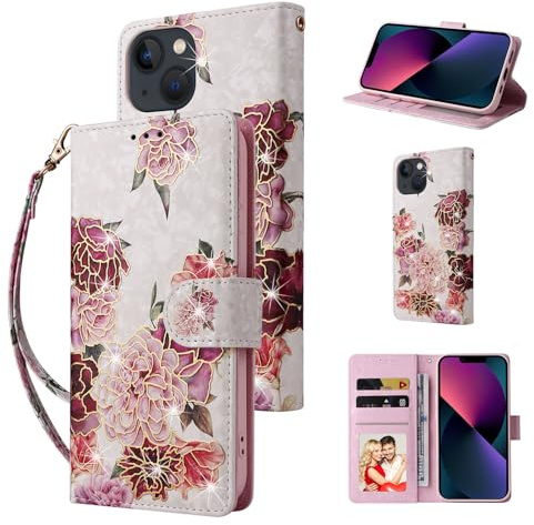 UEEBAI Wallet Case for iPhone 13 6.1 inch, PU Leather Phone Case Kickstand RFID Blocking Flip Case with Card Slots Wrist Strap Relief Engraved Pattern Magnetic Closure Folio Case - White Flower