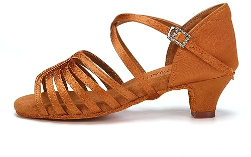RUYBOZRY Tanzschuhe Mädchen Latein Standard Salsa Bachata Ballsaal Satin Tanz Sandalen Damen EML1046,Absatz-4cm,Braun,EU 36
