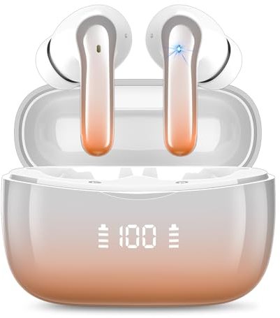 Bluetooth Kopfhörer, Kopfhörer Kabellos Bluetooth 5.3 mit 4 Mikrofon, 50 std Spielzeit mit Tiefer Bass, Neue ENC Noise Cancelling In Ear Kopfhörer, IP7 Wasserdicht Ohrhörer, LED-Anzeige, USB-C, orange