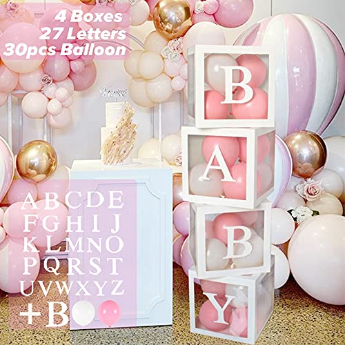 Babyshower Ballon Box Dekoration Mädchen,30 pcs Rosa Weiß Luftballons, 4Pcs Baby Boxen mit 27 Buchstaben(BABY+A-Z) für Babyparty Deko Mädchen, Baby Shower, Gender Reveal Party, Geburtstag Deko