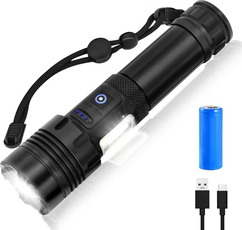 LALALUYE Linterna LED Recargable Alta Potencia 30000 Lúmenes,XH P160 .2 Linterna a Pilas,Zoom y COB,Impermeable 7 Modos Portátil Linternas con batería de 5000mAh
