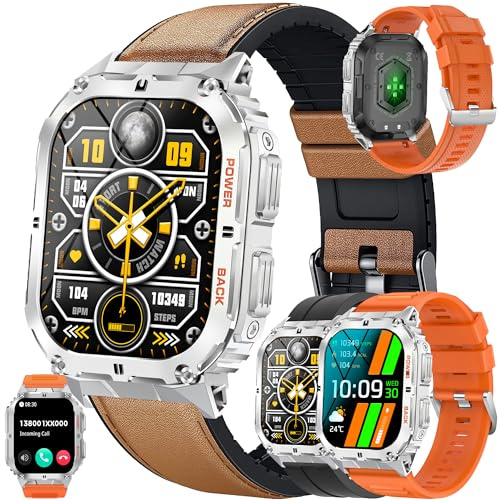 Smartwatch 1,96 AMOLED Herren mit Telefonfunktion, IP68 Wasserdicht Sportuhr mit 100+ Sportmodi, Blutdruckmessung, SpO2, Herzfrequenz, Schrittzähler, Militärische Fitnessuhr für iOS Android (Silber)