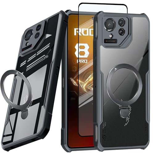Guizzcg para ASUS ROG Phone 8 Pro Funda con Soporte de Anillo [Compatible con Magsafe],Parachoques de TPU Suave + Parte Trasera Acrílica,Airbag Anticaídas Protectora[1 película templada,Soporte Negro