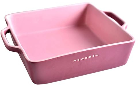 WIHXES Quadratische Lasagneform mit Griff, Große Keramik-Backform, Ofenfeste Porzellan-Backform für Küche, Kuchen, Braten, Täglicher Gebrauch (Pink)