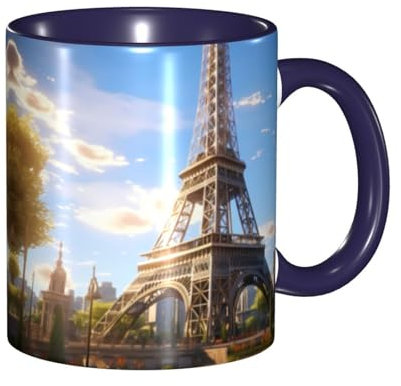 YYHHAOFA Navy Blue Ceramic Mugs Mug Suitable for Cappuccino, Latte, Cereal, Yogurt, Milk, hot or Cold Drinks Micro-Wave Oven Eiffel Tower Prints