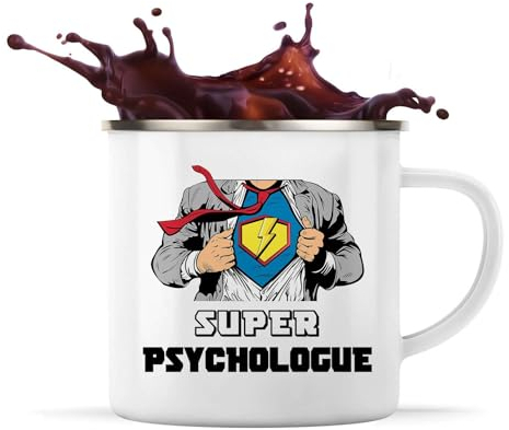 Planetee Tasse métallique Super Psychologue | Mug Émaillé Métal Timbale Camping et Randonnée Métier Collègue Cadeau Travail Boulot Départ Retraite