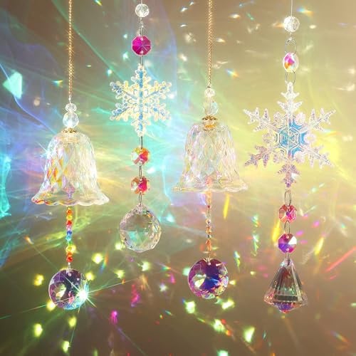 YeahBoom 4 Stück Weihnachten Sonnenfänger Kristall Fenster, Schneeflocke Bells Deko, Regenbogen Kristalle