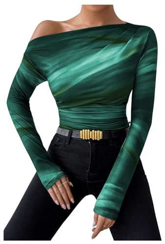 GORGLITTER Women's Long Sleeve Off The Shoulder Crop Tops Going Out Slim Fit Y2K T Shirts Green M
