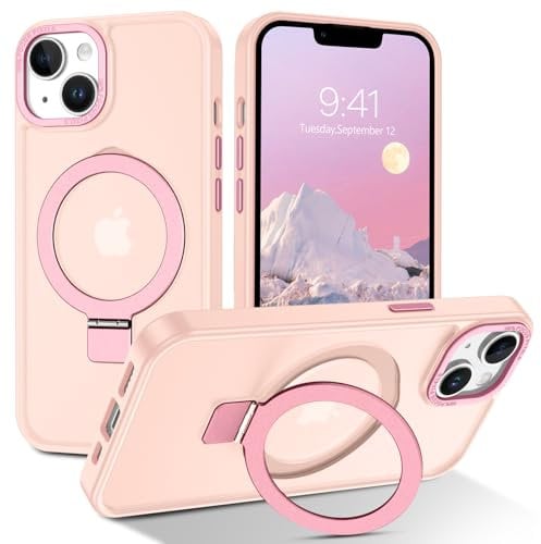 DOMAVER Case for iPhone 13 Mini, Magnetic [Compatible with mag-safe] Stand Holder Shockproof Matte Cover Anti-Yellowing Cover Hard Slim Frosted Matte Phone Cases for iPhone 13 Mini 5.4, Pink