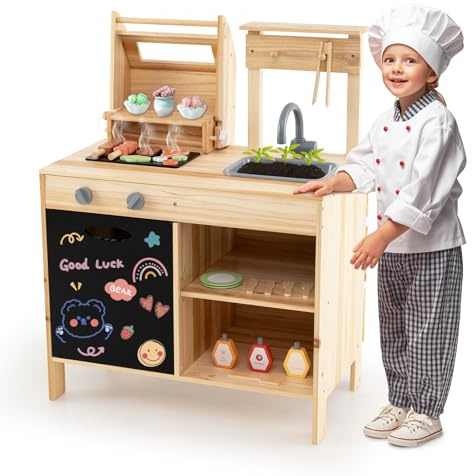 COSTWAY 2 en 1 Cuisine Enfant en Bois avec Jouet Barbecue & Tableau Noir, Jouet BBQ Grill avec 25 Accessoires et Étagère de Rangement, Jouet d’Imitation pour Garçons et Filles de 3 Ans+