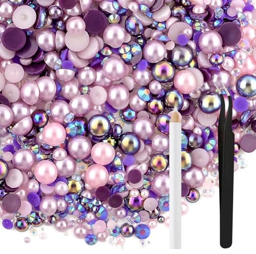 NACHLYNN 60g Mix Pearls and Rhinestones for Crafts Flatback Rhinestones Half Round Mixed Size 3mm-10mm Flatback Pearls for Crafts DIY Nail Art Shoes Clothes Tumblers Mugs (Mixed Dark Purple)