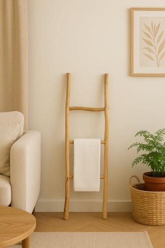 Biscottini Escalera toallero baño 108 x 32 x 3 – Escalera decorativa de madera – Escalera de madera para colgar toallas – Escalera toallero de bambú – Escalera toallero de pared de metal