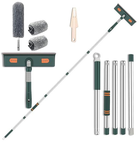 Teleskop Fensterwischer 226 cm,Professioneller Fensterputzer Set,2 In 1 Teleskopstange Fensterreinigung mit Mikrofasertuch für Innen/Außen Fenster,Auto,180° Drehbarer Bürstenkopf,Grau