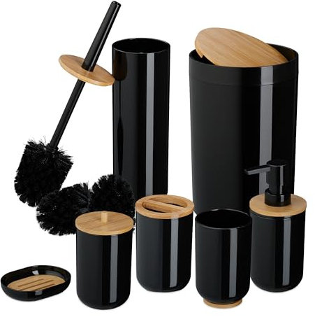 Relaxdays Lot de 7 Accessoires pour la Salle de Bain, Plastique et Bambou, Set Pratique, Noir et Nature