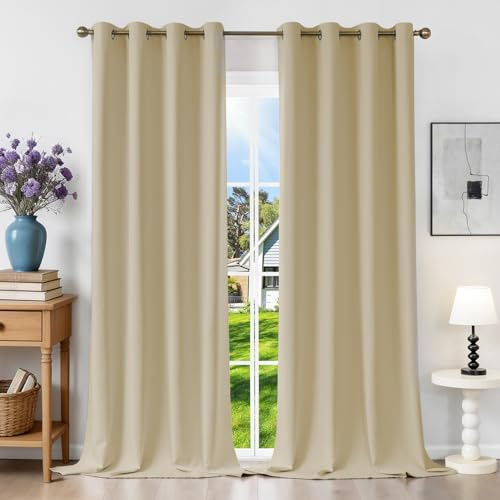 Runyéla Verdunklungsvorhänge mit Ösen Gardinen 2er Set, Thermovorhang Hitzeschutz H 280 x B 140, Vorhänge Blickdicht Beige, Ösenvorhang für Schlafzimmer Wohnzimmer Blackout Curtain