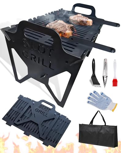 Slot Grill - Barbecue pliable pour un rangement facile - En acier - Petit barbecue au charbon de bois - Pour fêtes, voyages, camping