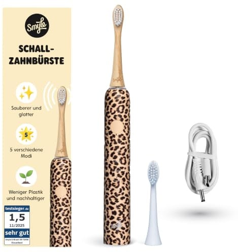 Smyle zahnbürste - Schallzahnbürste mit Drucksensor – Elektrische Zahnbürste mit 4 Monate Akku, 40.000 Vibrationen/min, 5 Modi, Timer, USB-C, 2 Bürstenköpfe, wasserdicht – Panter