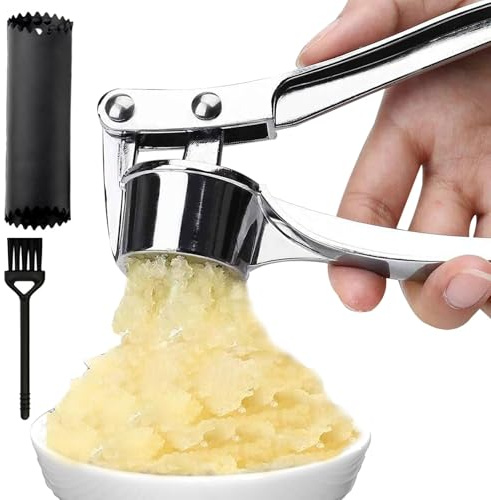 Stainless Steel Garlic Press, Easy Squeeze Garlic Crusher Mincer with Ergonomic Handle, Heavy Duty Kitchen Garlic Squeezer Tool with Garlic Peeler, Dishwasher Safe