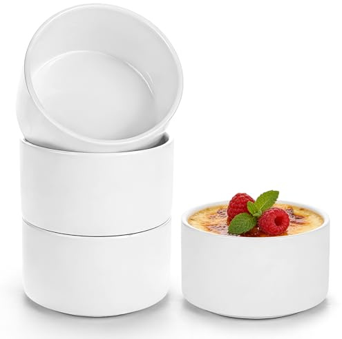 LONTOM 10CM Porcelain Ramekins Set of 4, 300ml White Creme Brulee Ramekins, Souffle Ramekins Small Pie Dishes for Air Fryer for Caramel Pudding, Custard, Soufflé, Baked Oatmeal, Fruit Yogurt