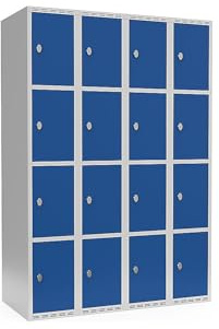 kaiserkraft | 4er-Schließfachschrank Fydor | 4 Abteile | lichtGrau/Enzianblau | B 1200 mm | Flache Dachform | Vorhängeschloss