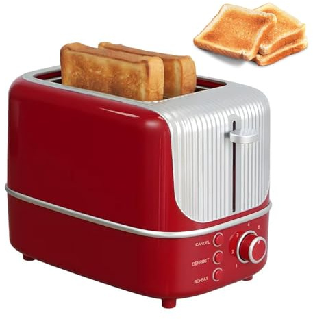 2 Slices Toaster Oven, 750W Electric Toaster with 7 Browning Levels & Automatic Pop-Up, Frozen/Cancel/Reheat Features 35mm Extra Wide Slots Toaster Red