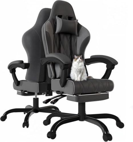 JUMMICO Chaise de Gaming en Tissu avec Repose-Pieds Extensible, Chaise de Bureau Ergonomique avec Massage, Hauteur réglable, Chaise Gamer avec Rembourrage à Ressorts, Capacité de Charge 150KG, Gris