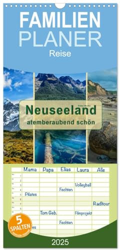 Familienplaner 2025 - Neuseeland - atemberaubend schön mit 5 Spalten (Wandkalender, 21 cm x 45 cm), CALVENDO: Neuseeland, ein beindruckendes Land, ... und das auf kleinstem Raum. (CALVENDO Orte)