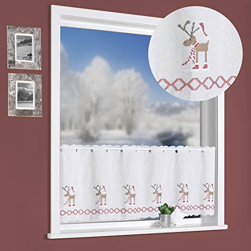 heimtexland Scheibengardine WEIHNACHTSELCH Kreuzstich Stickerei Elche 45x115 cm auf Batist in Natur Panneau Gardine Weihnachtsgardine Weihnachten Bistrogardine ÖKOTEX Typ507