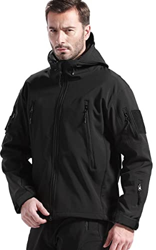 FREE SOLDIER Men's Hooded Waterproof Softshell Jacket(Black,XL)