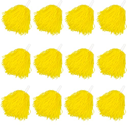 Faxco 12Pack Plastic Pom Poms Cheerleading Pom Poms Sports Dance Cheer Plastic Pom Pom for Rooters,Cheering Squard,Cheering Team (Yellow)