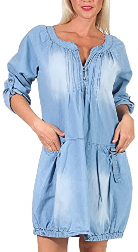 Malito – Langarm Jeanskleid Damen mit Taschen – Unisize Maxikleid für Sommer, Herbst & Winter – schickes Blusenkleid 6255 (Hellblau | Größe 36-42)