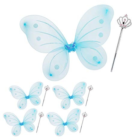 Relaxdays Déguisement de fée, Lot de 5, Ailes, Baguette Magique, Costume, Motif Papillon, Elfe, Enfant, Carnaval, Bleu et argenté