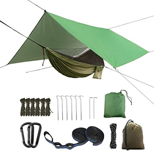 Oversized rain rope tarp and camping hammock with mosquito net, portable single double hammock with tree strap hammock set for camping, backpacking hikes, outdoor backyard