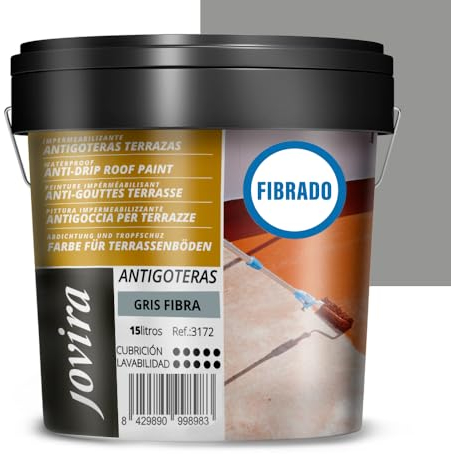JOVIRA PINTURAS Pintura Impermeabilizante Antigoteras fibrado. Revestimiento Elástico, para Terrazas, Paredes, Medianeras y Tejados. (15 Litros, Gris) A-47B